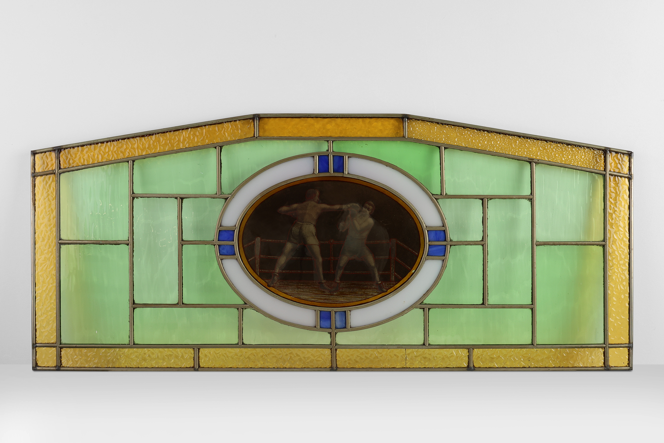 Art Deco Stained Glass Panel Depicting a Boxing Match, Belgium ca. 1910thumbnail